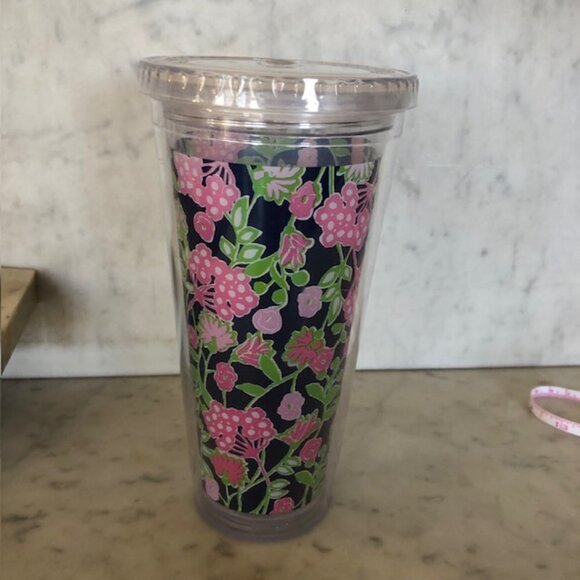 LILLY PULITZER Travel Tumbler with Twist On Lid Navy Pink Green Floral P… - Picture 5 of 12